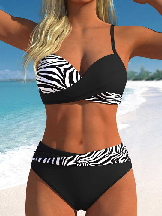 Damen Bikini-Set mit floralem Wickelmuster und bequemen High-Waist-Höschen EB