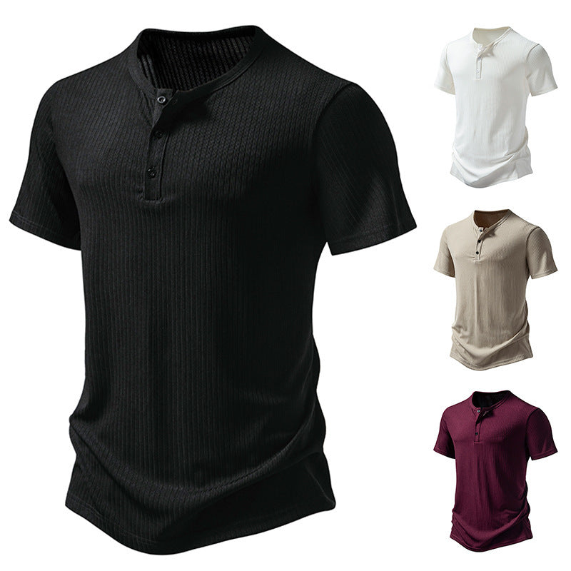 Herren stylisches Kurzarm-Henley-Shirt mit strukturiertem Design und zwei Knopf-Details EB