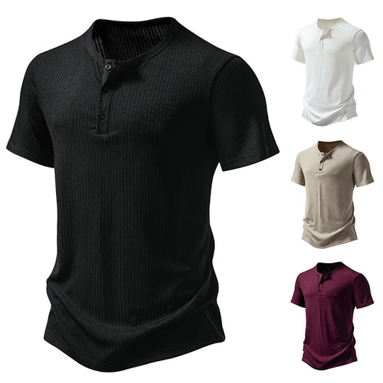 Herren stylisches Kurzarm-Henley-Shirt mit strukturiertem Design und zwei Knopf-Details EB
