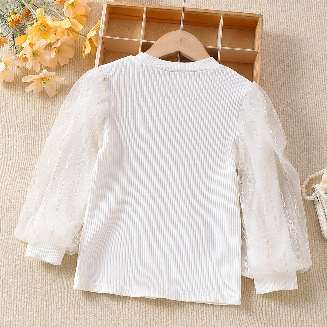 Mädchen modische Bluse mit transparenten Puffärmeln und floralen Akzenten EB