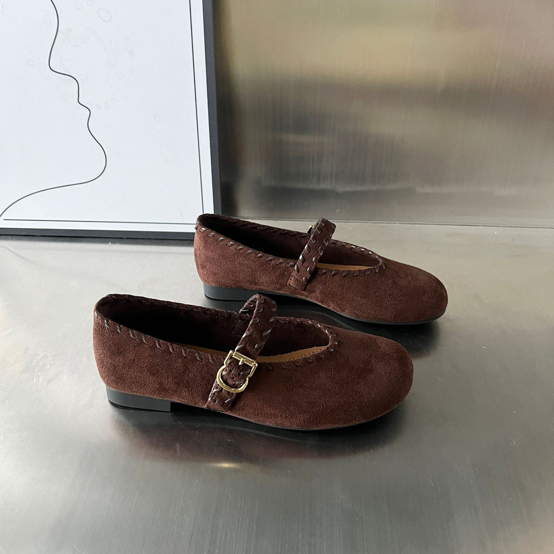 Damen elegante Ballerinas mit geflochtenem Riemen und hochwertiger Veloursoberfläche EB