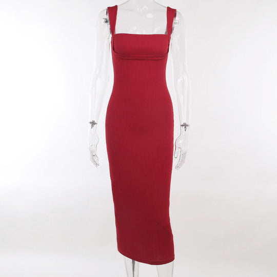 Damen figurbetontes Midi-Kleid mit quadratischem Ausschnitt und feinen Rippdetails EB
