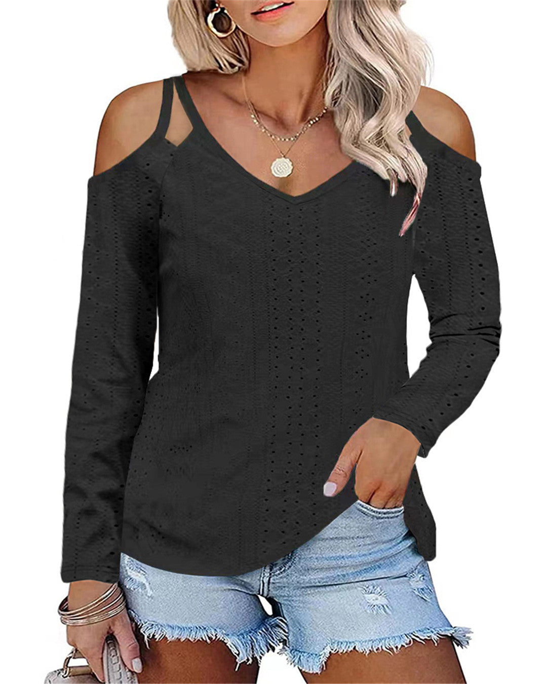 Damen Boho V-Ausschnitt Oberteil mit Off-Shoulder-Ärmeln und feinem Strukturdesign EB