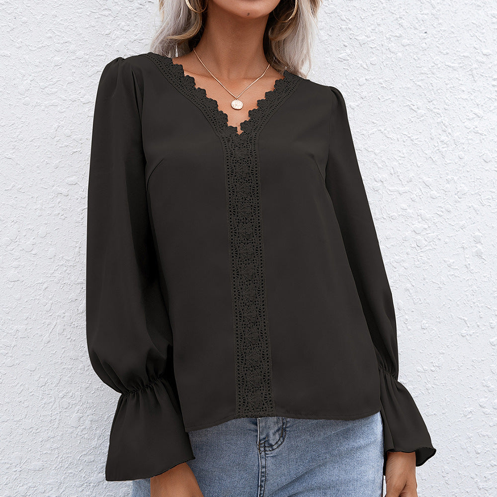 Damen elegante Bluse mit Spitzendetails und Volantärmeln EB
