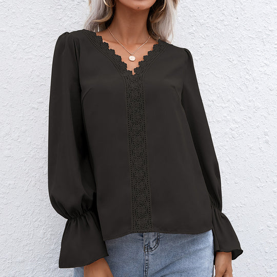 Damen elegante Bluse mit Spitzendetails und Volantärmeln EB