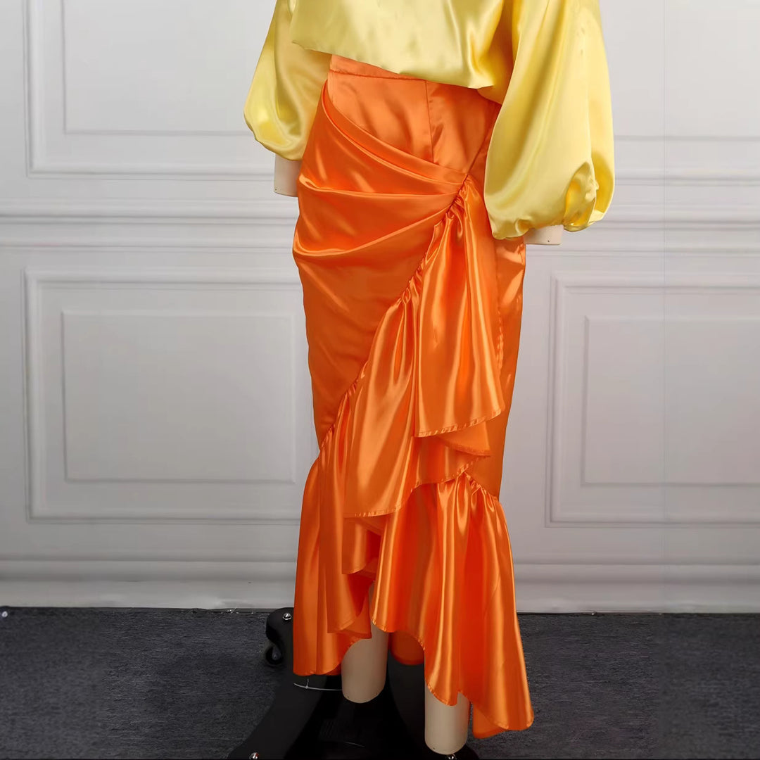 Damen Eleganter Satinrock mit asymmetrischem Design und voluminösem Rüschenabschluss EB