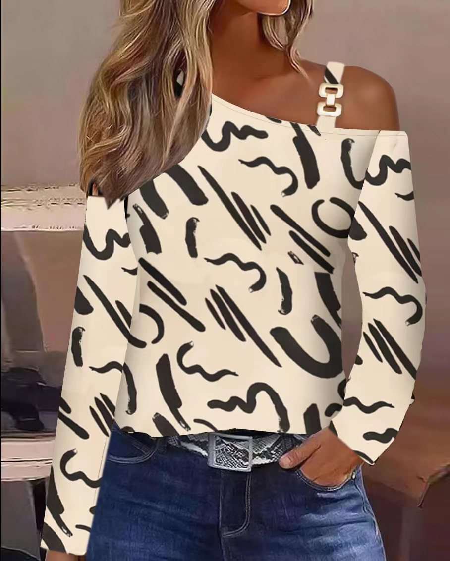 Damen Off-Shoulder Oberteil mit modischem Muster und dekorativen Trägern EB