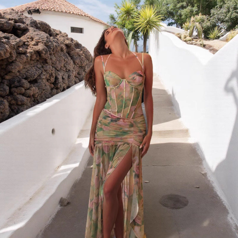 Damen Maxi-Kleid mit verführerischem Schlitz und elegantem Rüschendesign EB