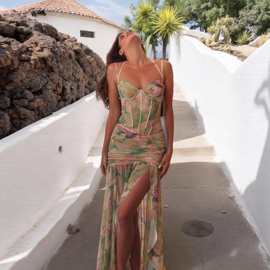 Damen Maxi-Kleid mit verführerischem Schlitz und elegantem Rüschendesign EB