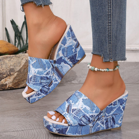 Damen Wedge-Sandalen mit Denim-Obermaterial und atmungsaktiver Sohle EB