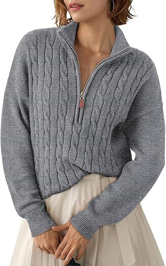 Damen Grobstrick Pullover mit Stehkragen und halbem Reißverschluss EB