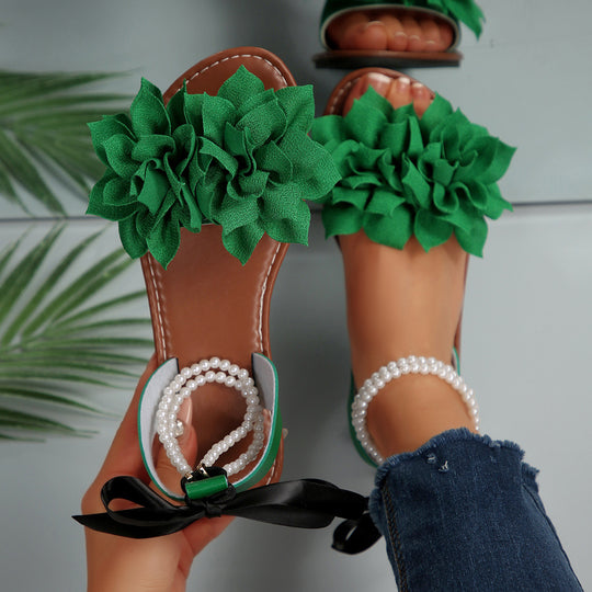 Damen Schlappen mit floralem Design und eleganter Perlenverzierung EB