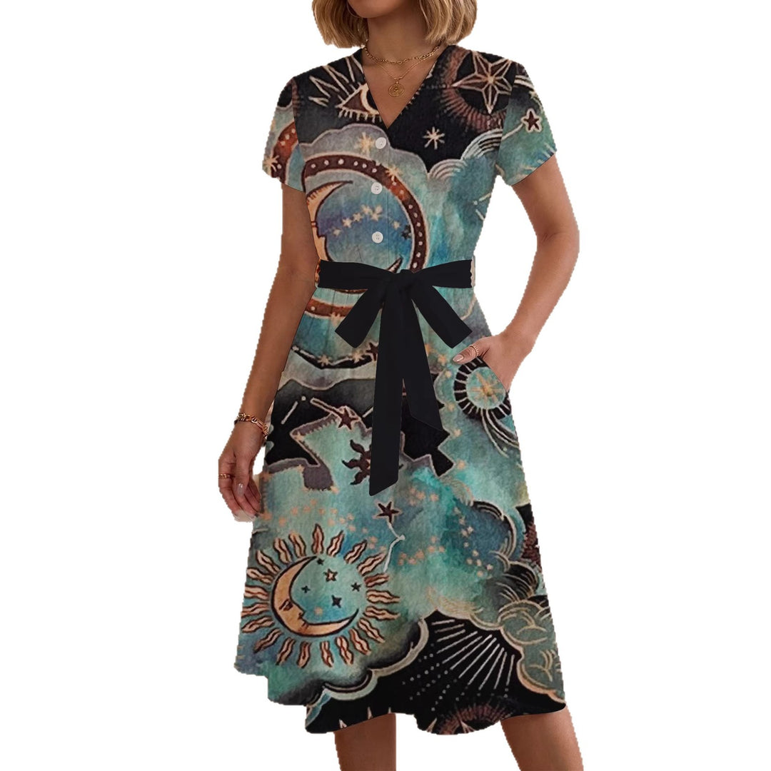 Damen Blühendes Midikleid mit taillierbarem Gürtel und kunstvollem Print EB