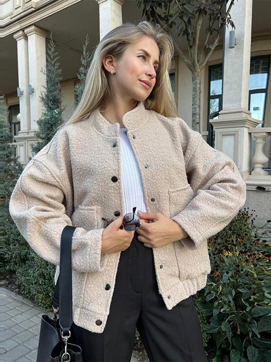 Damen Oversized Fleecejacke mit Druckknöpfen und praktischen Taschen EB