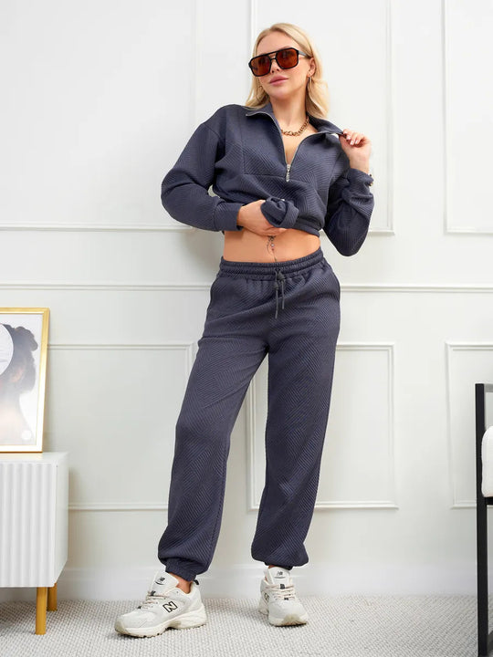 Damen nan gesteppter Loungeanzug mit halbem Reißverschluss und elastischer Komforthose EB