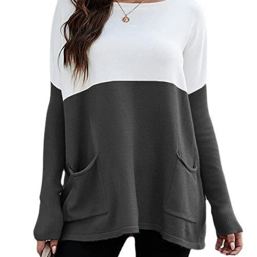 Damen Strickpullover mit großen Fronttaschen und kontrastiertem Design EB