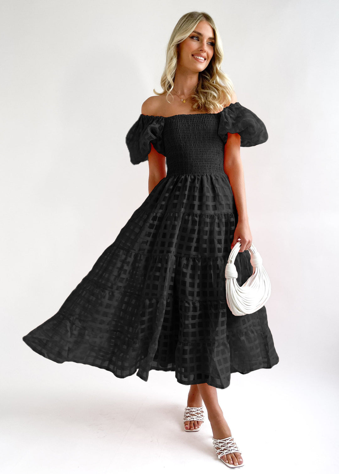 Damen Sommerliches Maxikleid mit voluminösen Puffärmeln und elastischem Taillenbereich EB
