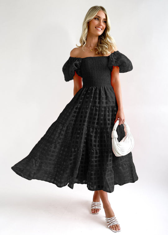 Damen Sommerliches Maxikleid mit voluminösen Puffärmeln und elastischem Taillenbereich EB