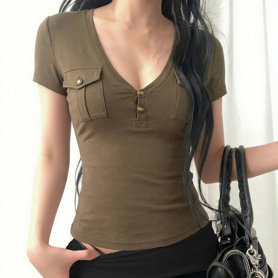 Damen Kurzarmshirt mit Knopfdetails und seitlichen Taschen EB