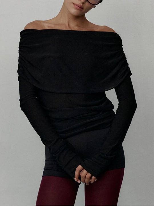 Damen Elegantes Off-Shoulder Oberteil mit geschmeidiger Textur und ausgestellten Ärmeln EB
