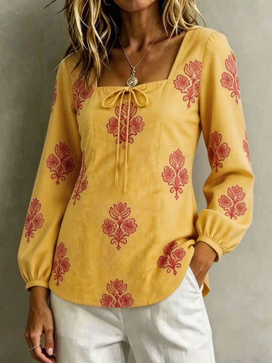 Damen Bestickte Tunika-Bluse mit quadratischem Ausschnitt und femininen Ballonärmeln EB