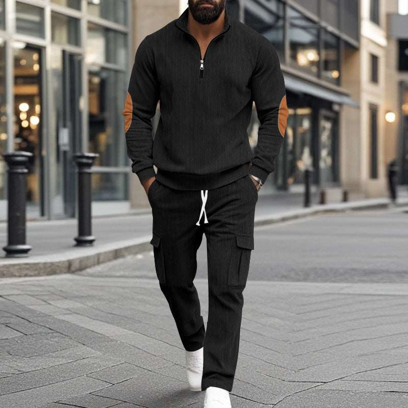 Herren modisches Sweatshirt und Cargo-Hose Set mit hohem Kragen und praktischen Taschen EB