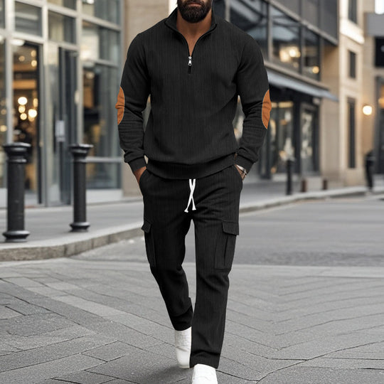 Herren modisches Sweatshirt und Cargo-Hose Set mit hohem Kragen und praktischen Taschen EB