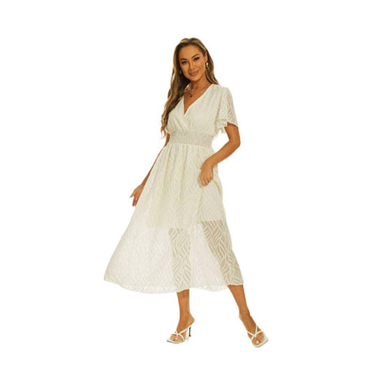 Damen Maxi-Kleid mit elegantem V-Ausschnitt und feinen Rüschendetails EB