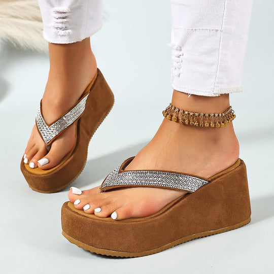 Damen Wedge-Pantoletten mit glitzernden Riemen und bequemer Sohle EB