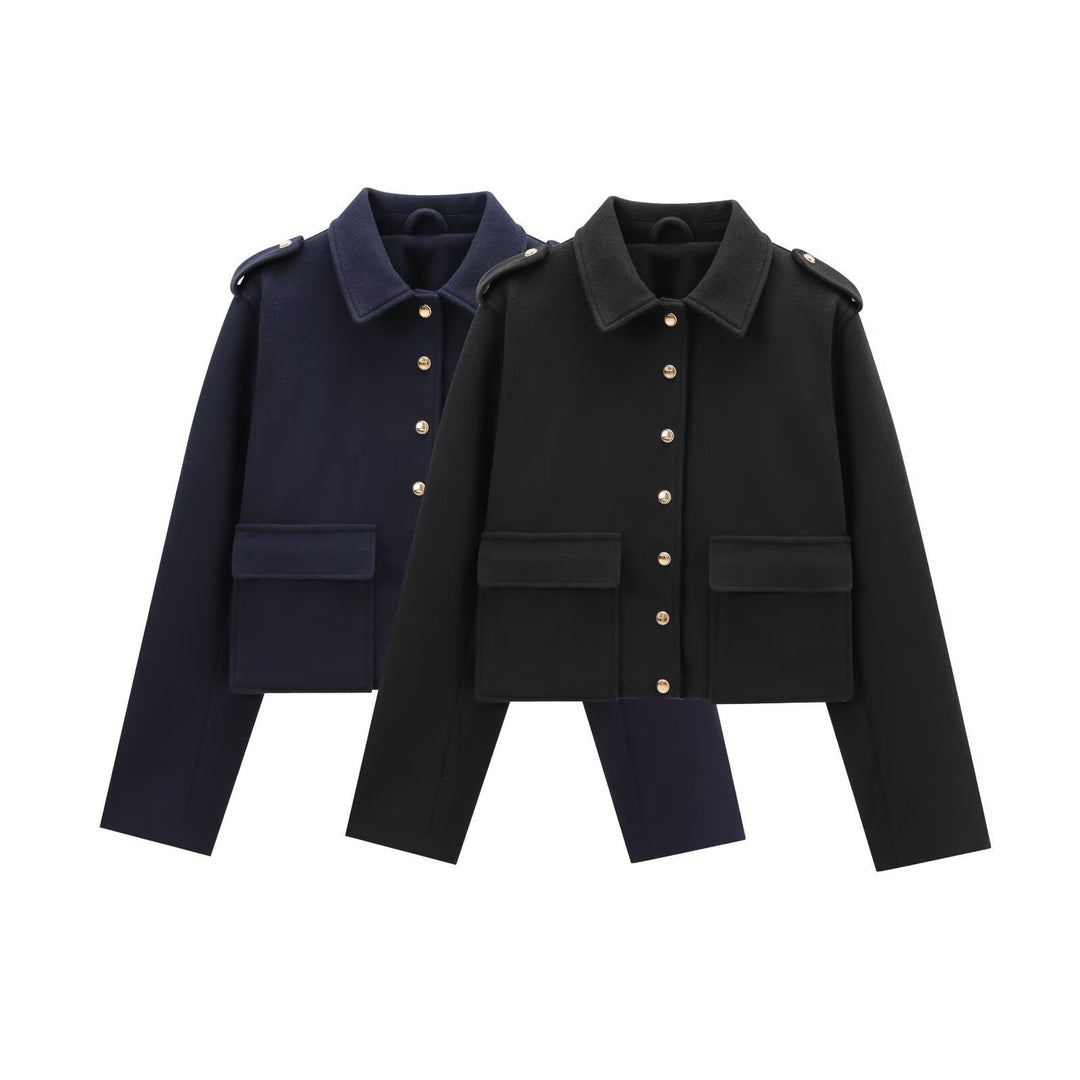 Damen moderne cropped Jacke mit goldenen Druckknöpfen EB