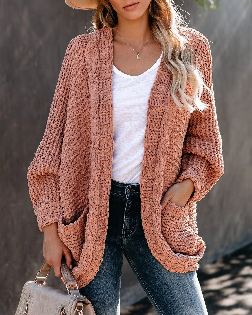 Damen Grobstrick-Cardigan mit offenen Ärmeln und großzügigen Taschen EB