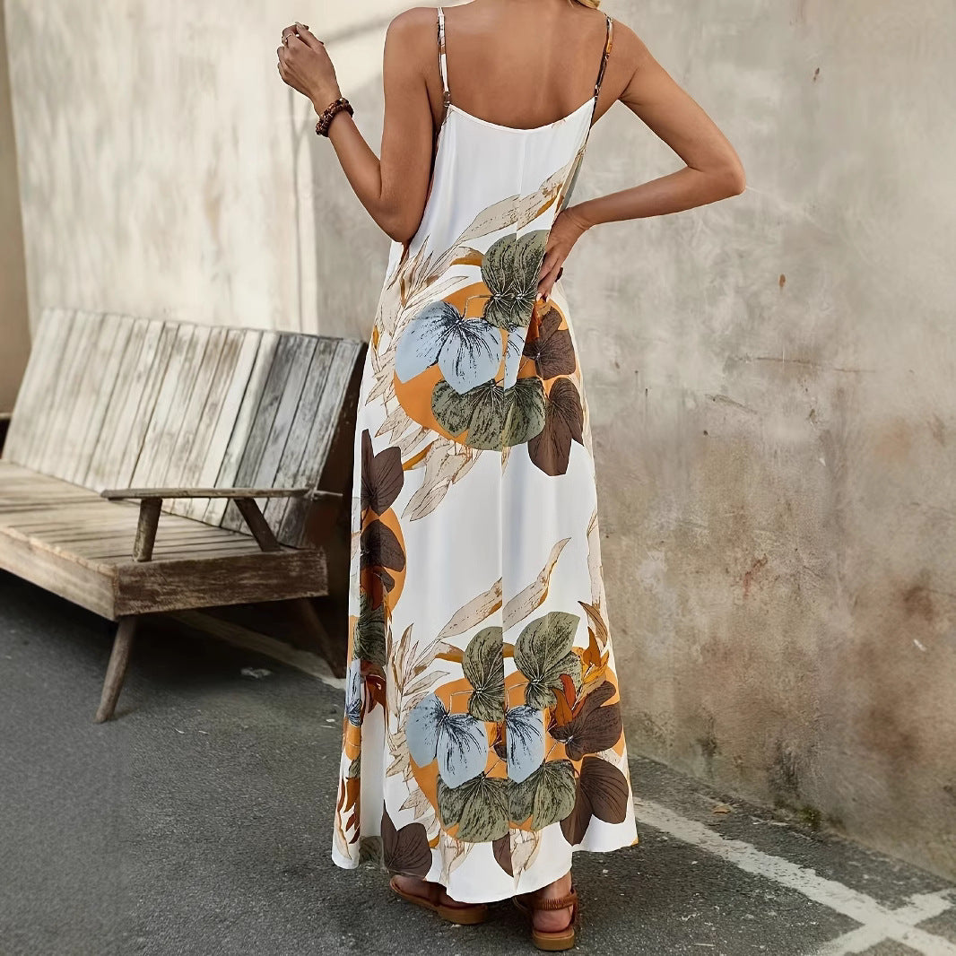Damen Maxikleid mit floralem Design und feinen Spaghettiträgern EB
