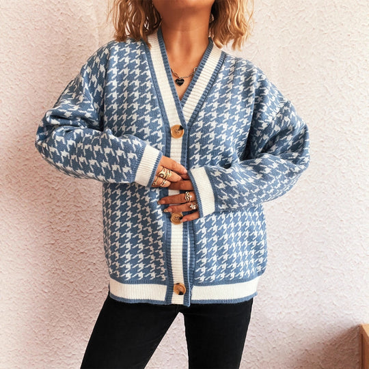 Damen lässiger Strickcardigan mit modischem Hahnentritt-Muster und Holzknöpfen EB