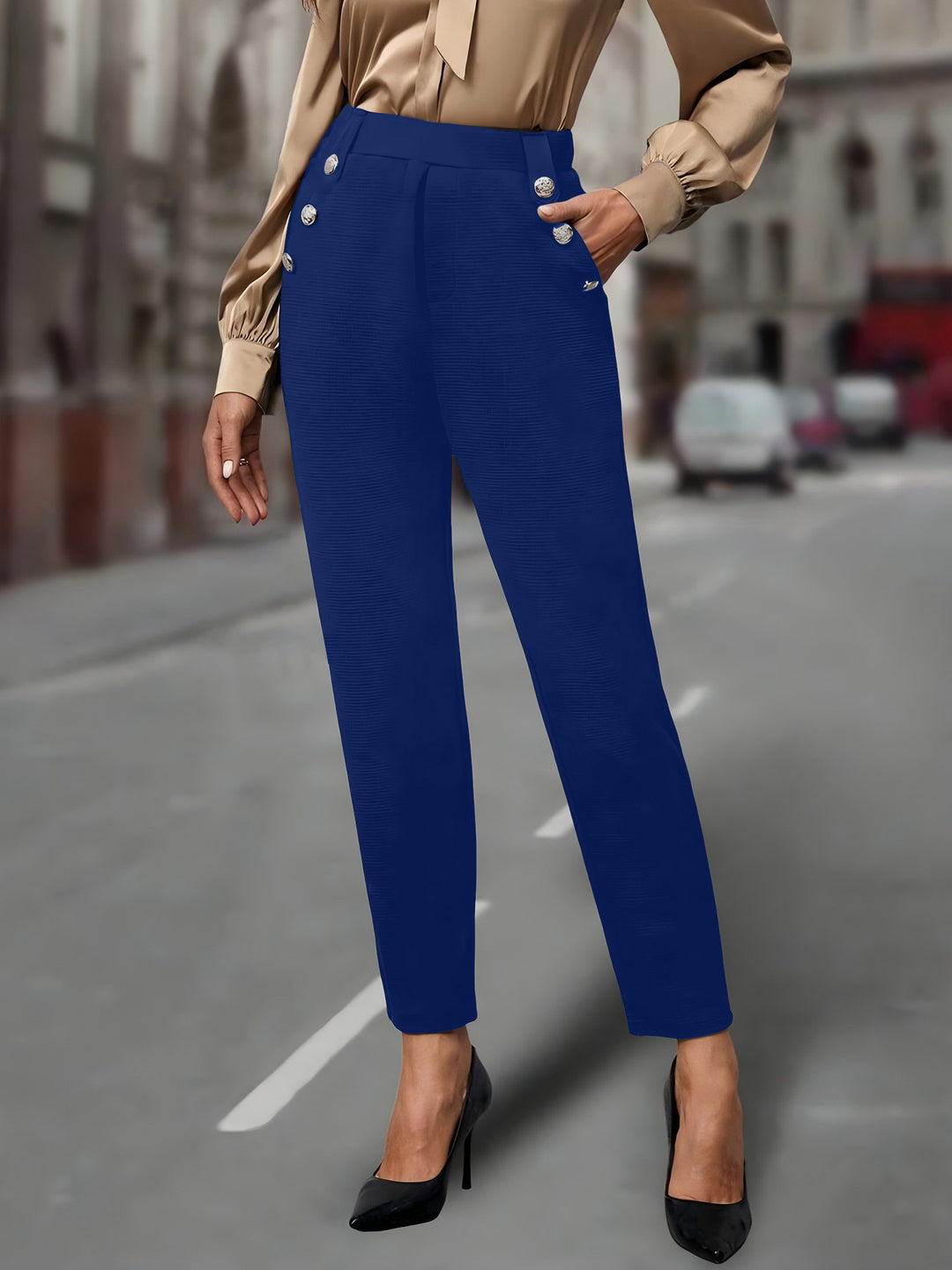 Damen elegante Anzughose mit doppeltem Knopfverschluss und schmalem Bein EB