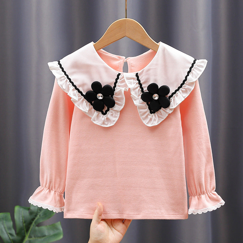 Damen Bluse mit großen Kragen und floralen Applikationen EB