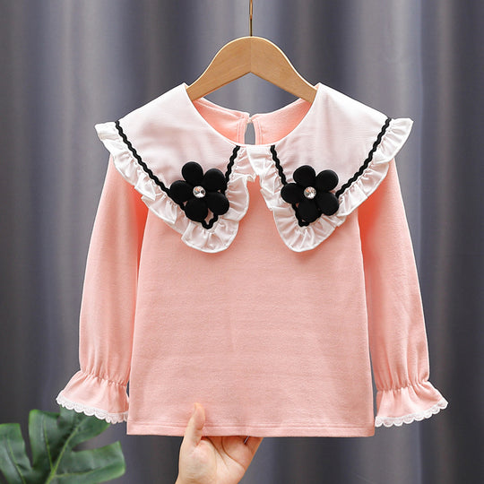 Damen Bluse mit großen Kragen und floralen Applikationen EB
