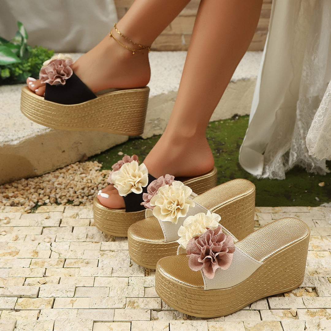 Damen Wedge-Pantoletten mit dekorativer Blumenapplikation und rutschfester Sohle EB
