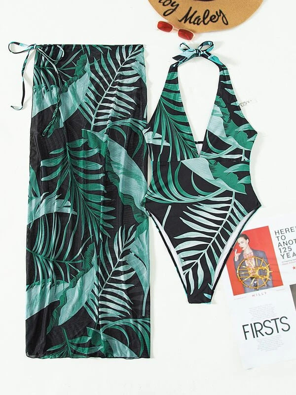 Damen Set aus einem einteiligen Badeanzug mit floralem Design und passendem Sarong EB