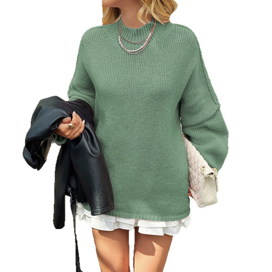 Damen nan oversized Strickpullover mit Stehkragen, überschnittener Schulter und Ballonärmeln EB