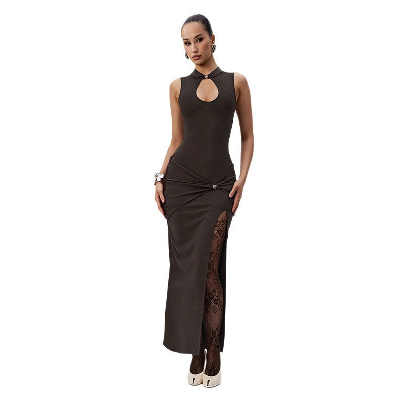 Damen Elegantes Maxikleid mit Chiffon-Rüschen und verführerischem Schlitz EB