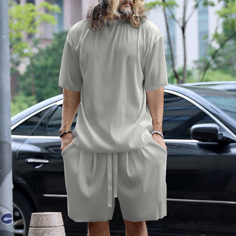 Herren nan modernes geripptes Freizeitset mit weitem Kurzarmshirt und elastischer Tunnelzughose EB