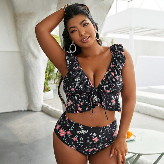 Damen Hochtailliertes Bikini-Set mit verspieltem Rüschendesign EB