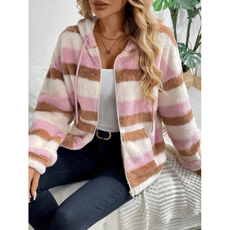 Damen Fleecejacke mit Kapuze und Streifenmuster EB