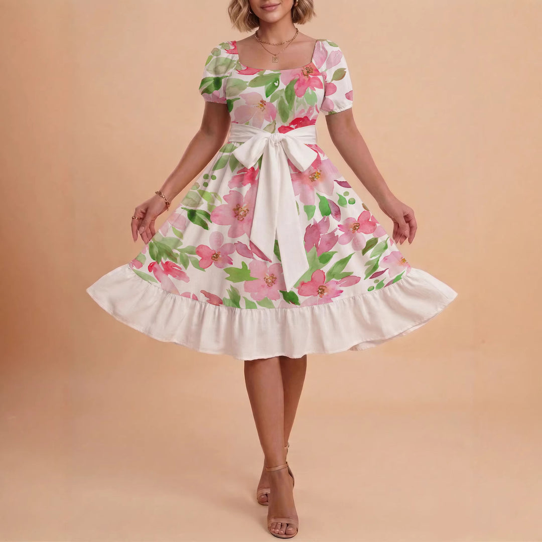 Damen A-Linien-Kleid mit floralen Motiven und taillierbarem Gürtel EB