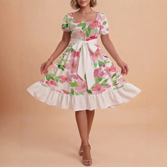 Damen A-Linien-Kleid mit floralen Motiven und taillierbarem Gürtel EB