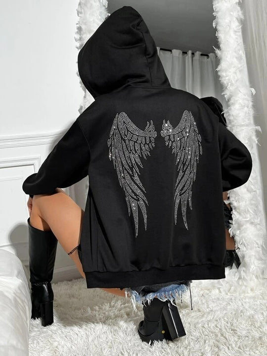 Damen nan Oversize Kapuzenpullover mit funkelndem Strass-Engelsflügel-Rücken EB