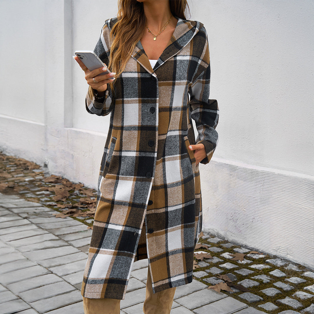 Damen nan lockeres Kapuzen-Hemdkleid mit karierter Flanelloptik, durchgehender Knopfleiste und hohem Beinschlitz EB