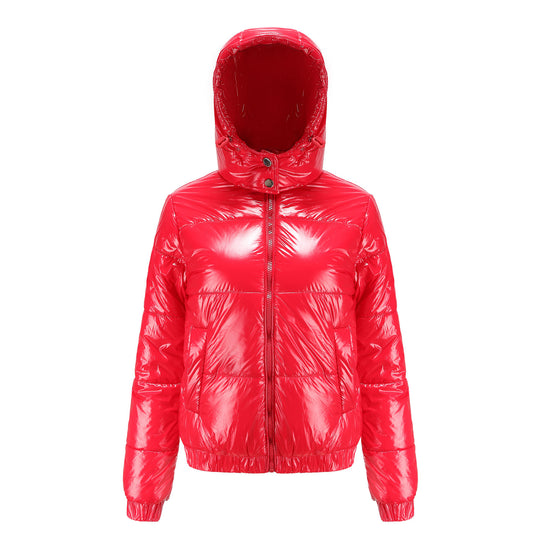 Damen Hochglänzende Steppjacke mit abnehmbarer Kapuze EB