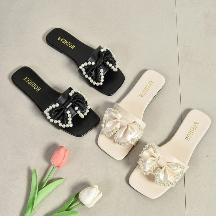 Damen Flauscher Slides mit eleganter Schleifen- und Perlenverzierung EB