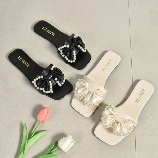 Damen Flauscher Slides mit eleganter Schleifen- und Perlenverzierung EB